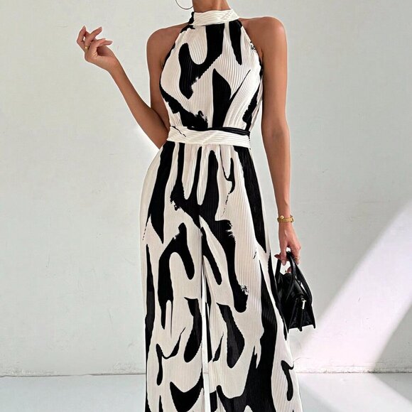 Black and White Casual Women's Elegant Commuting Loose Long Jumpsuit - Picture 5 of 7